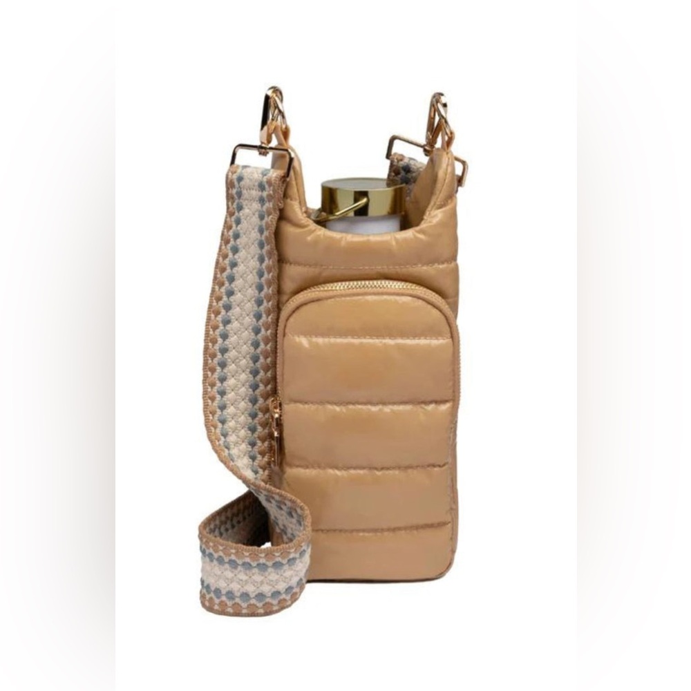 Puffer Crossbody Bottle Bag with Patterned Strap in Camel